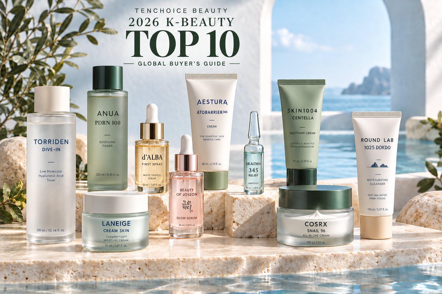 2026 K-Beauty Top 10 with brand and product names printed on each package